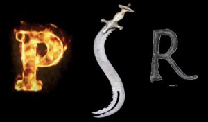 Letters P, S, R on a black background. P is flaming, S is a curved zulfikar sword, R is chiselled rock