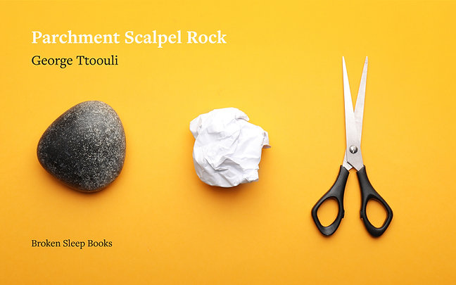 The cover of Parchment Scalpel Rock, with a stone, a crumpled ball of paper and a pair of slightly-threatening, slightly-jar stationery scissors. The cover is landscape, not portrait, to match the orientation on inside of the book.